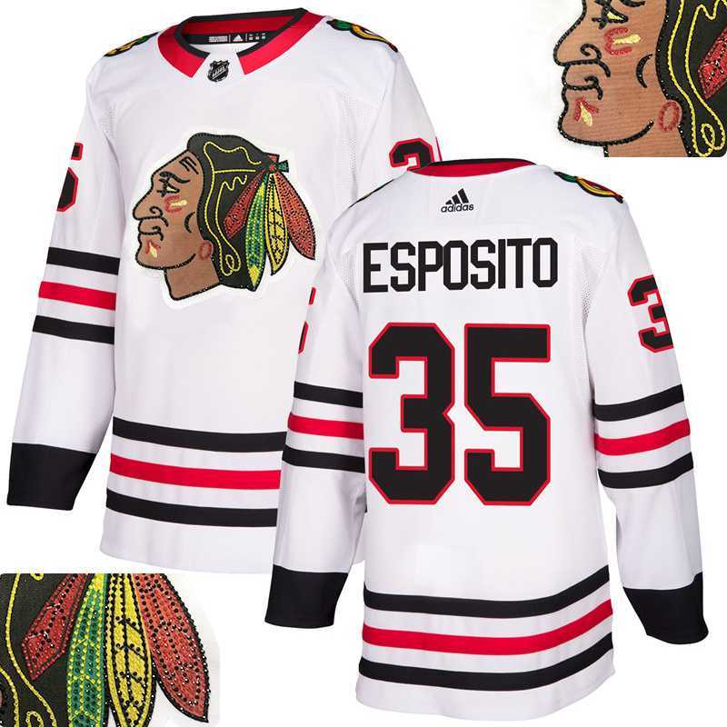 Blackhawks #35 Esposito White With Special Glittery Logo Adidas Jersey,We sell and wholesale Blackhawks #35 Esposito White With Special Glittery Logo Adidas Jersey on line form chian!